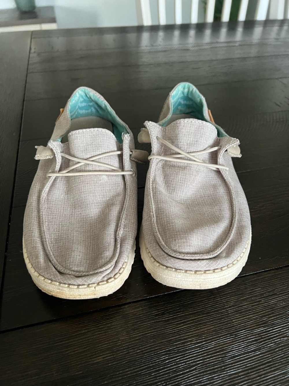 Hey Dude Casual Slip-On Canvas Shoes in Light Gray with Turquoise Lining